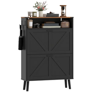 Shoe cabinet with 2 tilt-out drawers, country style, narrow, holds up to 16 pairs, black