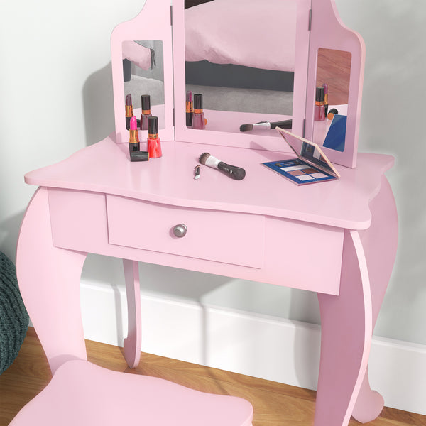 Ensemble de coiffeuse avec miroirs pliables, tiroir à motifs étoiles et cœurs, rose