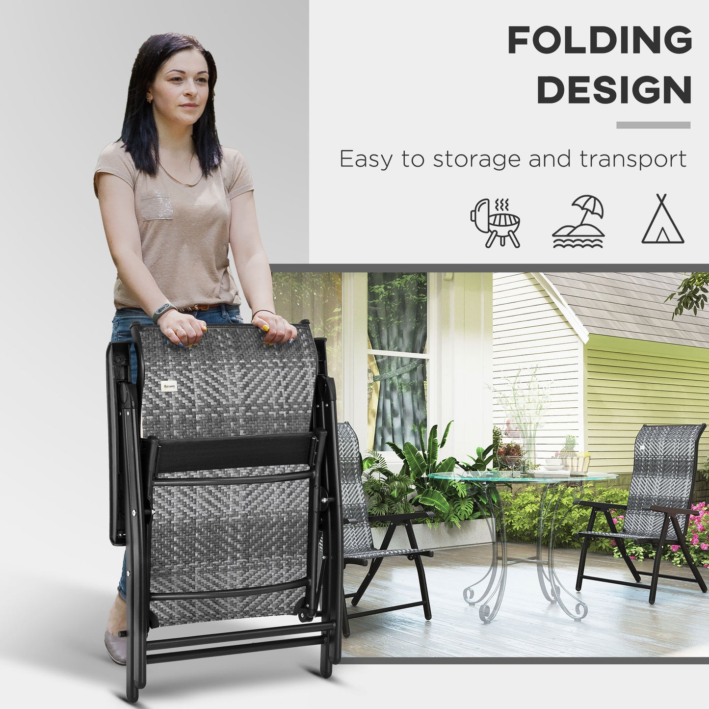 Lot de 2 chaises pliantes d'extérieur en osier avec dossier réglable, gris mélangé