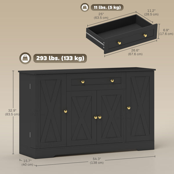 Farmhouse style coffee sideboard with doors, adjustable shelves, drawer, barn style sliding doors, black