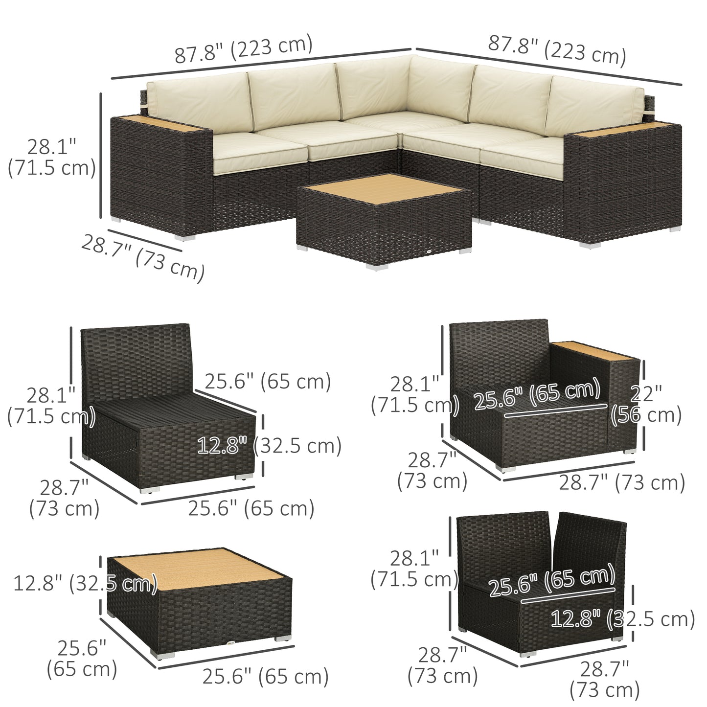 Outsunny 6 Piece Rattan Garden Furniture Set with Corner Sofa, Coffee Table, Wood and Plastic, Light Khaki 