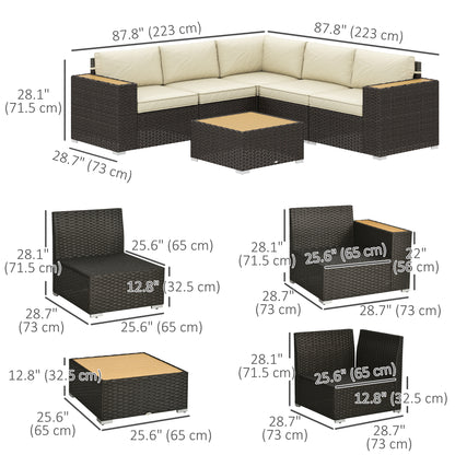 Outsunny 6 Piece Rattan Garden Furniture Set with Corner Sofa, Coffee Table, Wood and Plastic, Light Khaki 
