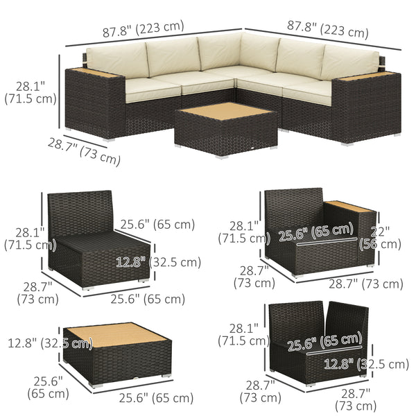 Ensemble de meubles de jardin en rotin 6 pièces avec canapé d'angle, table basse en bois et plastique, kaki clair
