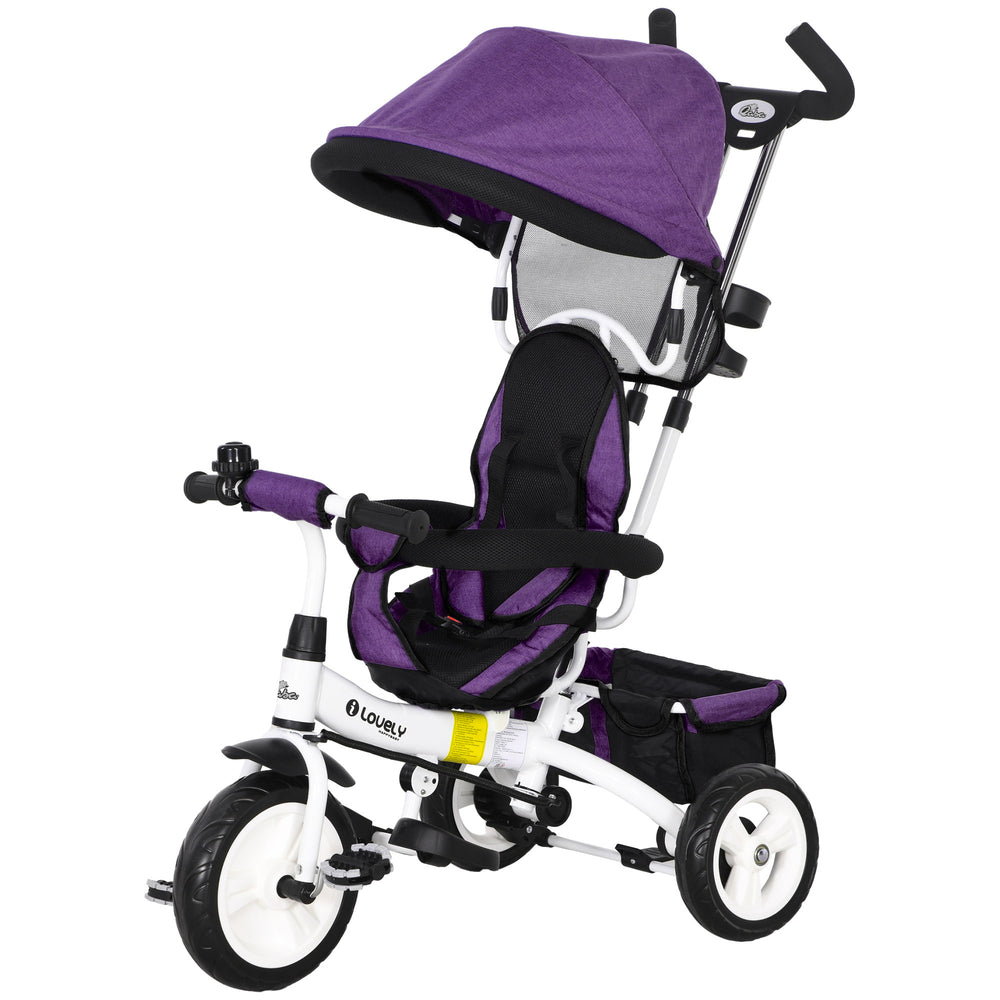 Tricycle 6 en 1 avec panier, auvent, harnais de sécurité 5 points, violet