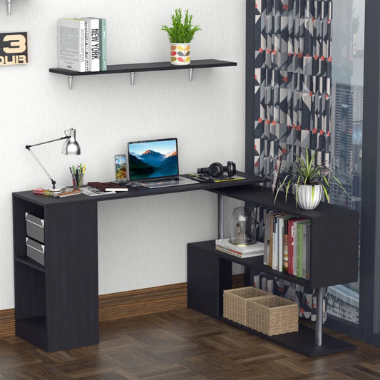 Bureau d'angle pivotant à 360° avec étagères à 3 niveaux, noir