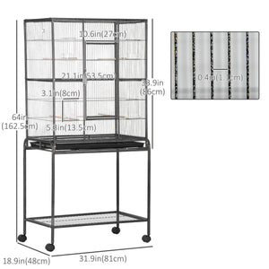 Metal rolling bird cage with removable stand with wheels, black