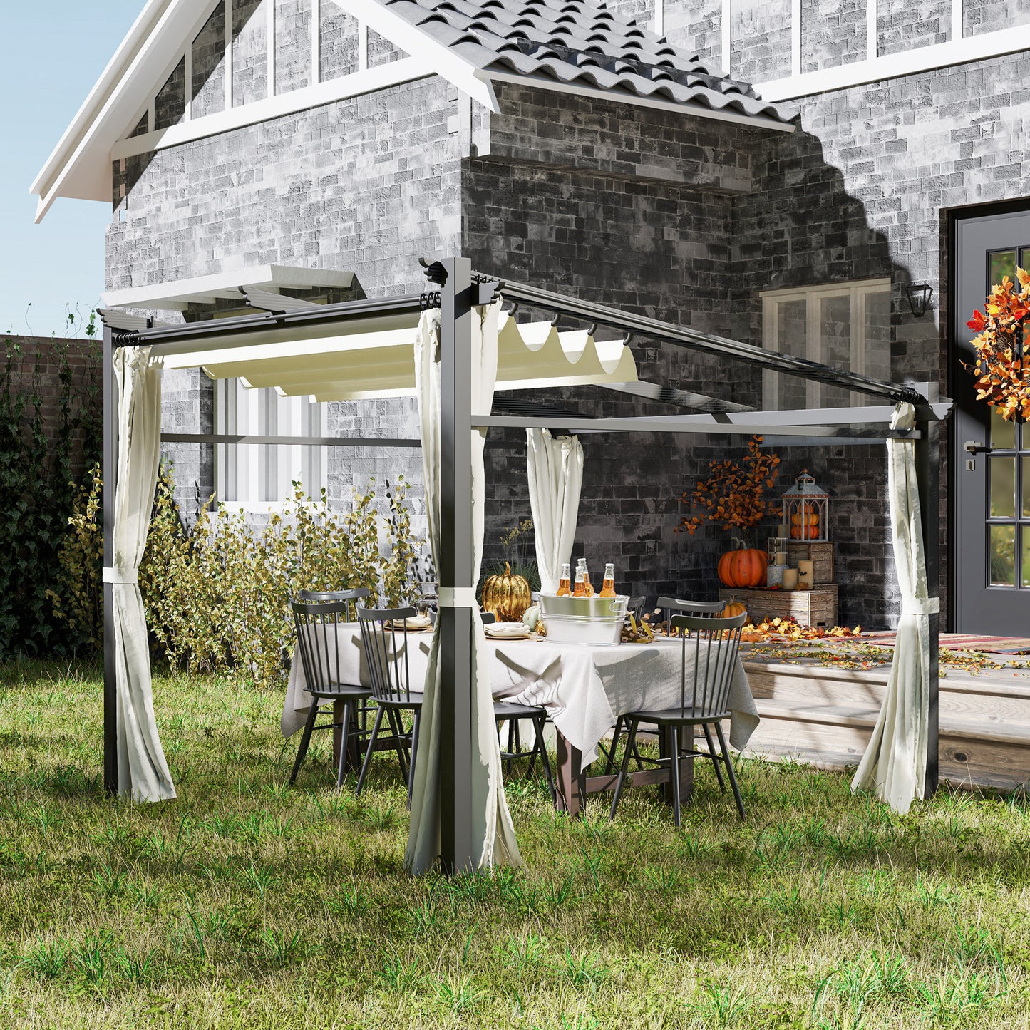 Pergola métallique avec toit coulissant, pergola rétractable, 3 m x 3 m, beige