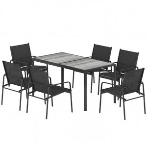 Ensemble repas d'extérieur pour 6 personnes, table et chaises de patio en faux bois avec assise en maille respirante, structure en acier galvanisé, noir