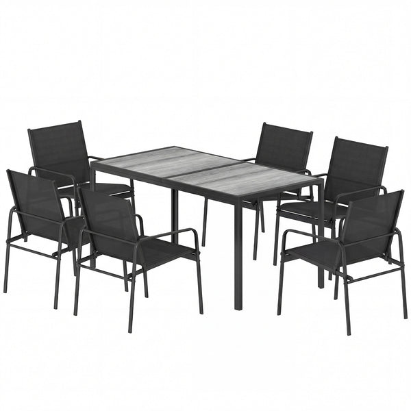 Ensemble repas d'extérieur pour 6 personnes, table et chaises de patio en faux bois avec assise en maille respirante, structure en acier galvanisé, noir