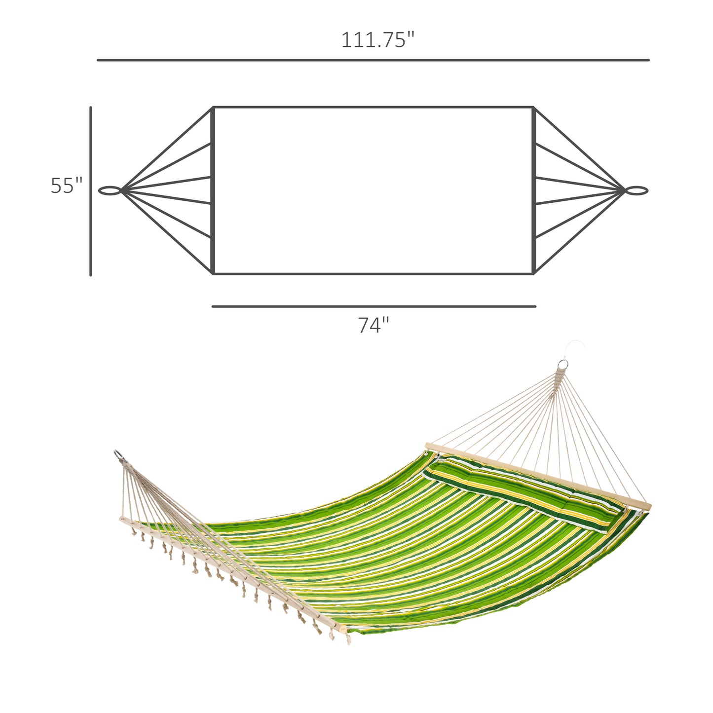 75 Inch Outdoor Hammock, Striped Camping Hammock, Garden Bed with Pillow, Green
