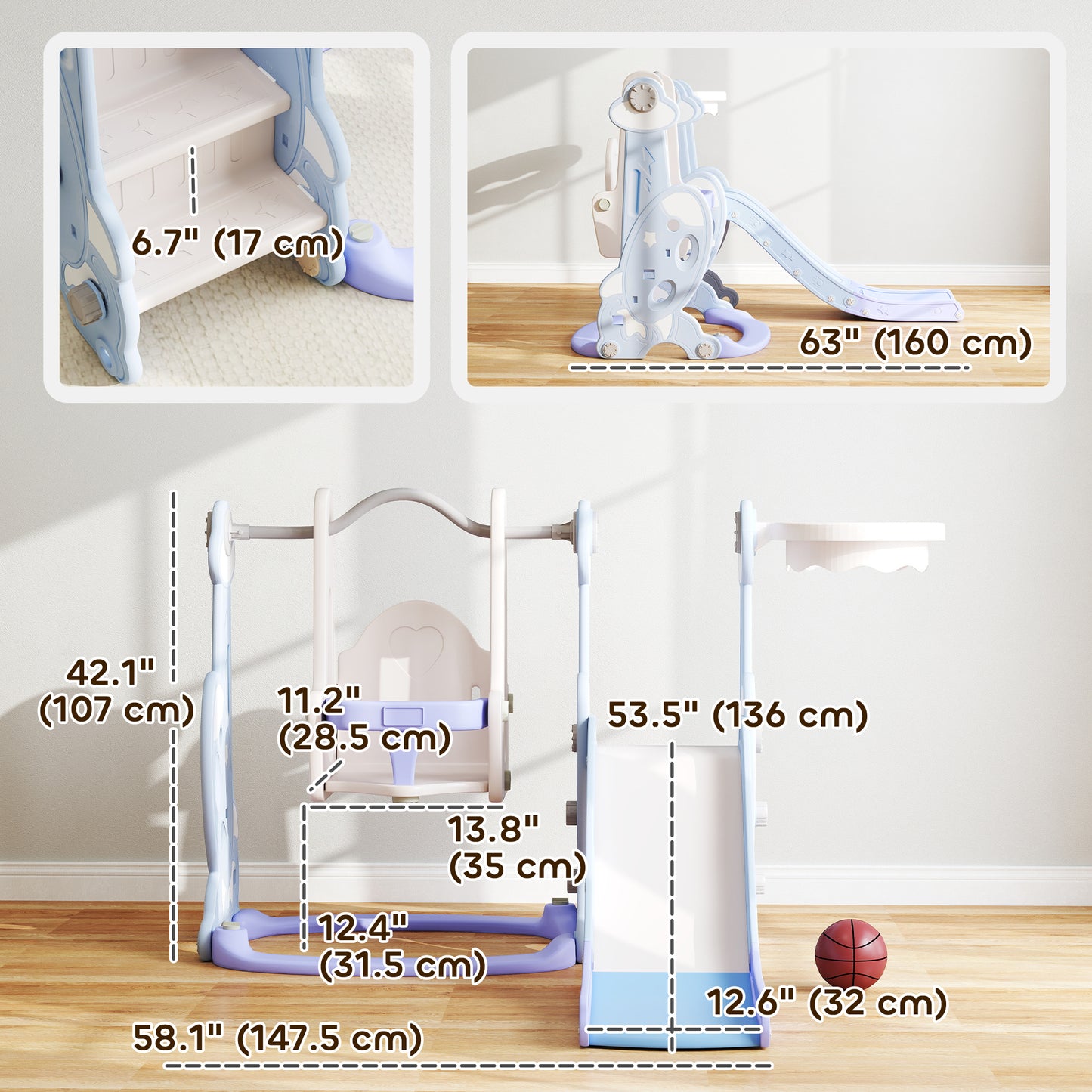 4-in-1 Slide and Swing Set with Basketball Hoop and Climber, for Boys and Girls Ages 1.5-4, Rocket Theme, Light Blue