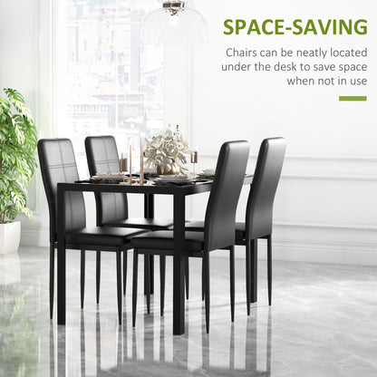 HOMCOM 5 Piece Rectangular Glass Kitchen Table and Chair Set with Metal Frame and Faux Leather Upholstery for Dining Room, Black 