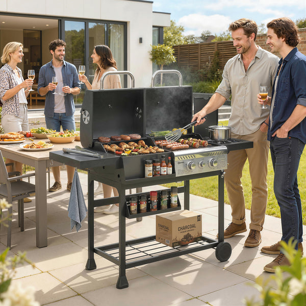 Dual fuel BBQ, charcoal and gas burners, black