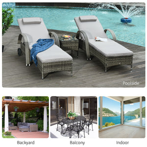 Patio Rattan Lounge Set, Wheeled Wicker Chaise Lounge Chair and Table with Tempered Glass Top, Mixed Grey