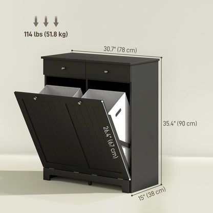 Tilting laundry basket cabinet with 2 baskets and 2 drawers, black