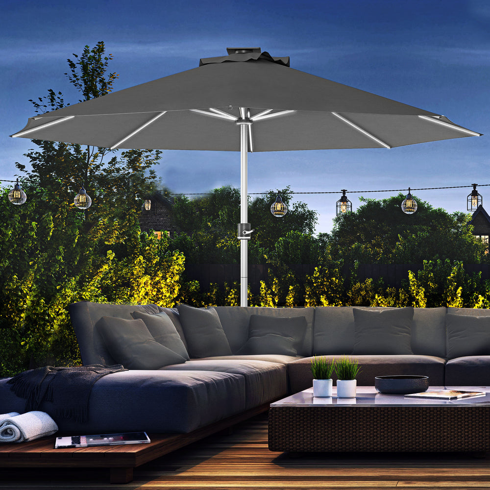Parasol lumineux à LED de 9,6 pieds avec 4 modes d'éclairage, chargement solaire et USB, gris anthracite