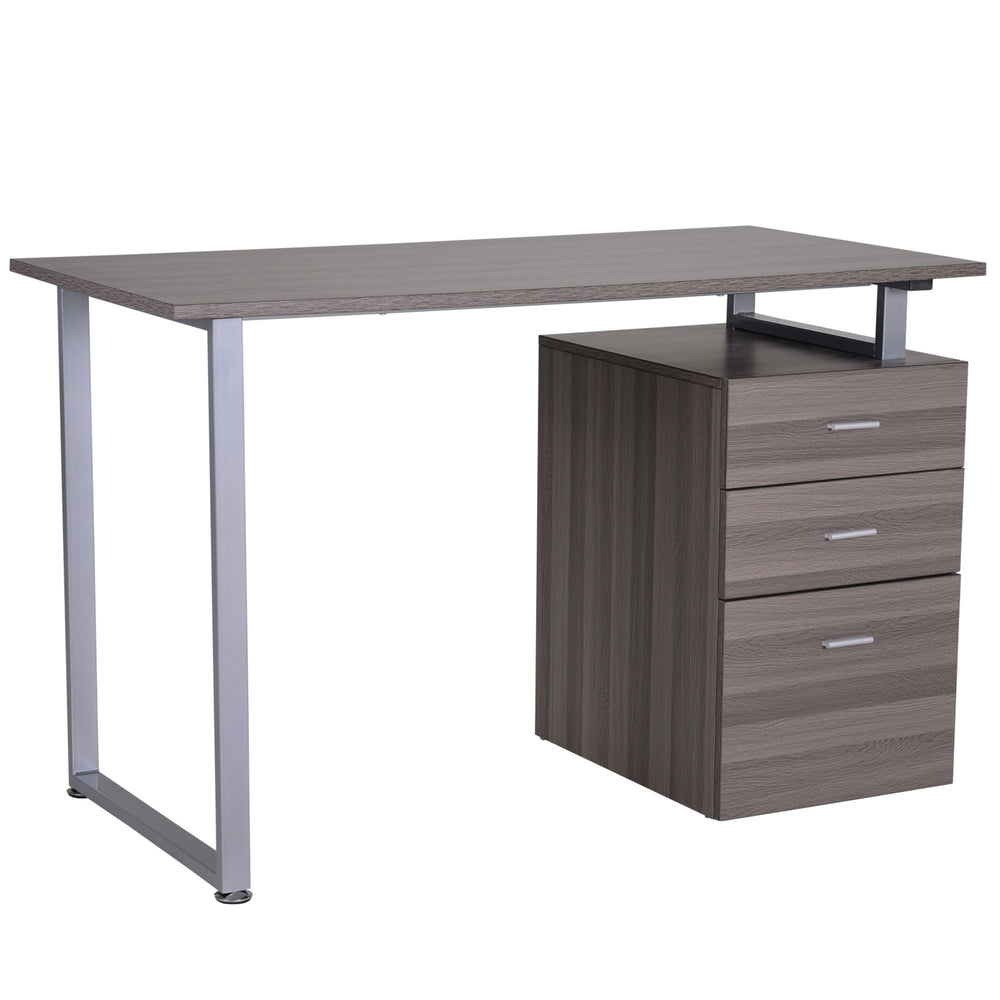 Bureau d'ordinateur en L avec tiroirs de classement réversibles multi-usages, cadre en métal, grain de bois gris