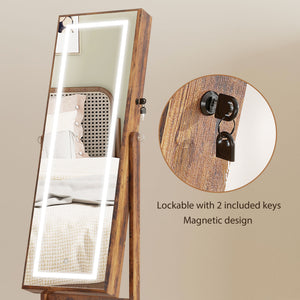 Armoire à bijoux verrouillable avec éclairage LED et rangement, marron rustique
