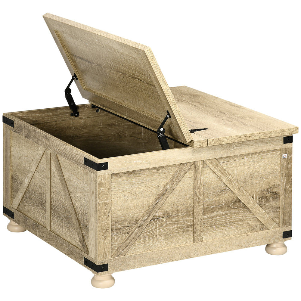 Table basse de style farmhouse carrée avec couvercles rabattables, chêne