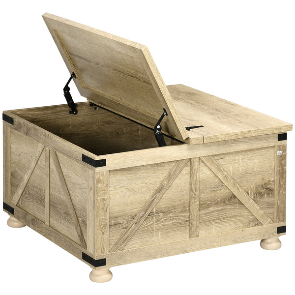 Table basse de style farmhouse carrée avec couvercles rabattables, chêne