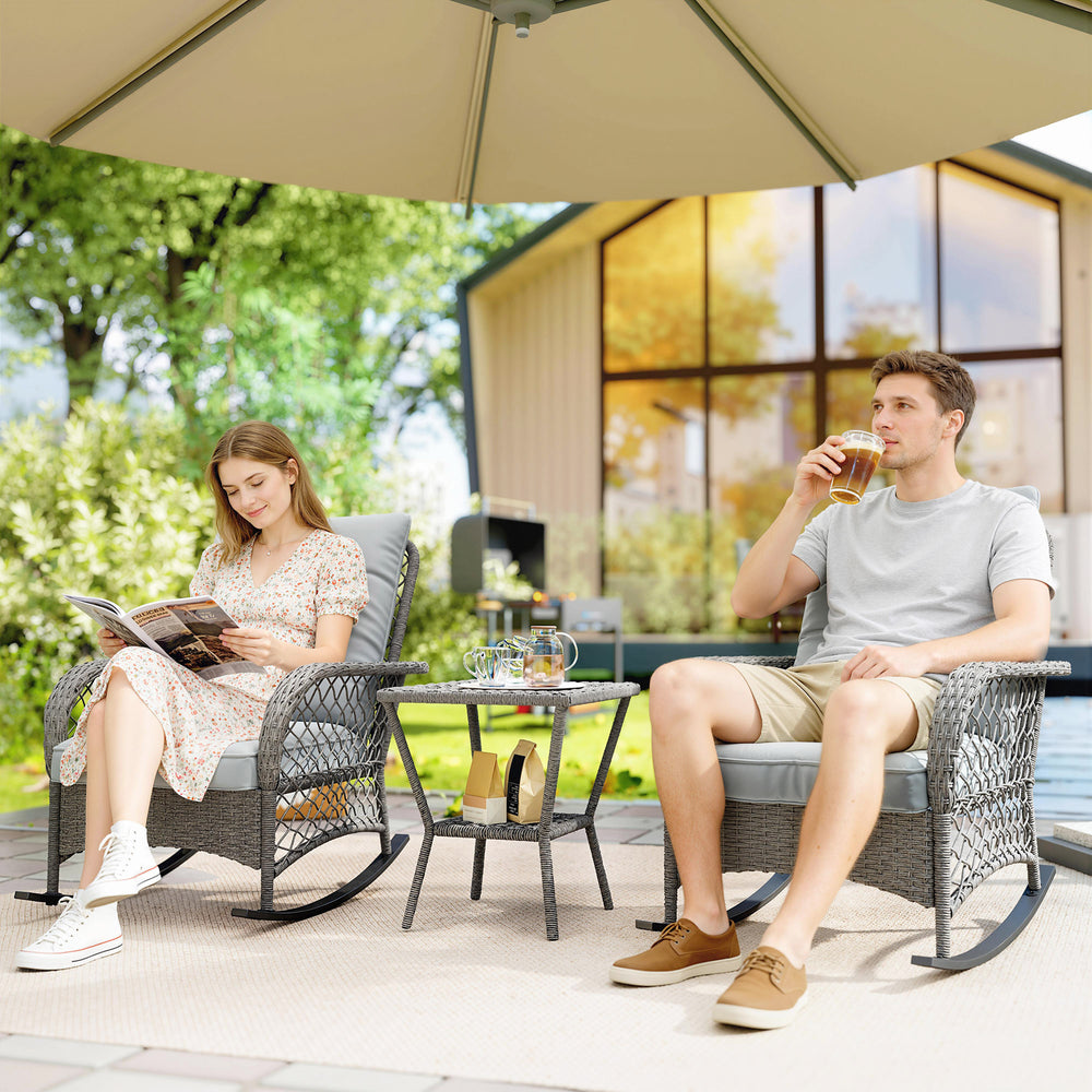 Rocking Bistro Set, 3 Piece Wicker Patio Furniture with High Back Rocking Chairs and 2-Tier Glass Table, Light Grey