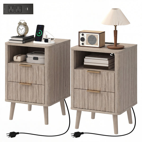 Ensemble de 2 tables de chevet modernes avec station de recharge, 2 tiroirs et une étagère ouverte, grises