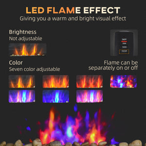Cheminée murale de 72 cm avec effet flamme LED breveté et 7 couleurs, noir