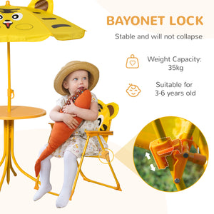 Kids Folding Picnic Table and Chair Set Pattern Outdoor Garden Patio Backyard with Removable & Height Adjustable Sun Umbrella Yellow