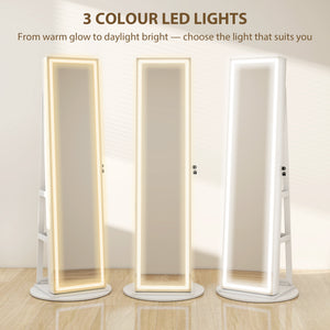 Armoire à bijoux avec miroir verrouillable sur toute la longueur, avec LED, blanc