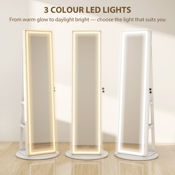 Armoire à bijoux avec miroir verrouillable sur toute la longueur, avec LED, blanc