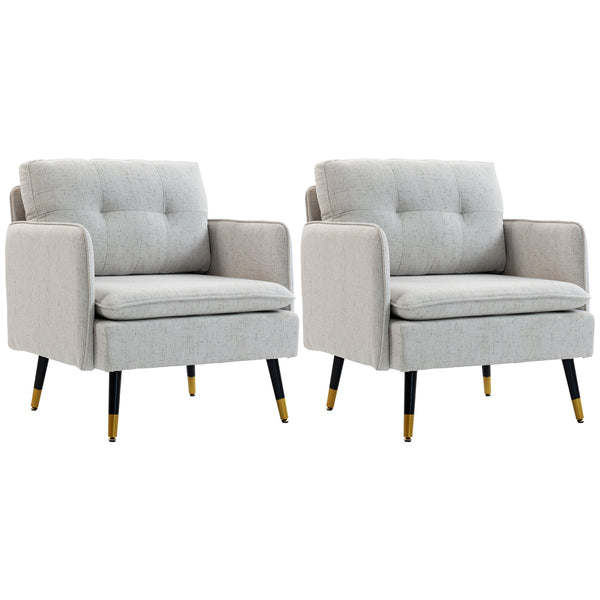 Set of 2 upholstered accent chairs with tufted back and steel legs, grey