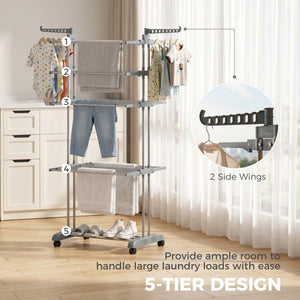 Séchoir à linge pliable à 5 niveaux sur roulettes, gris