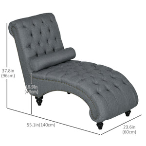 Chaise longue capitonnée à boutons rembourrée avec pieds en bois, gris
