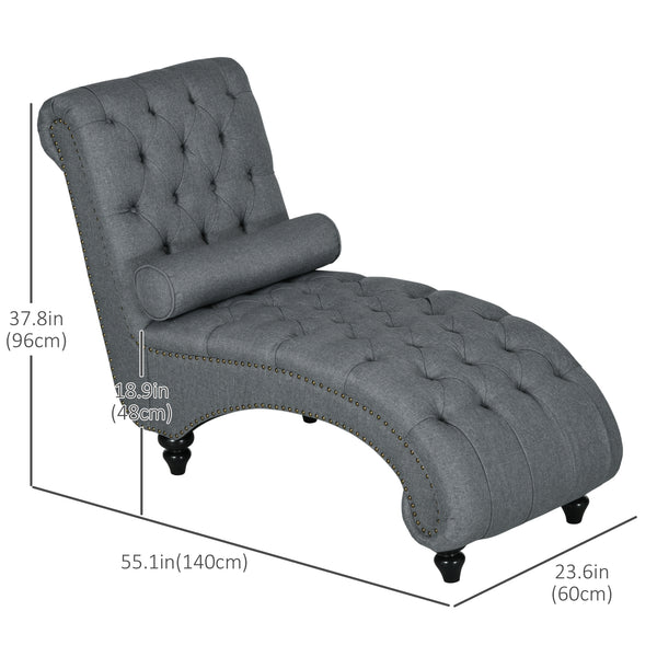 Chaise longue capitonnée à boutons rembourrée avec pieds en bois, gris