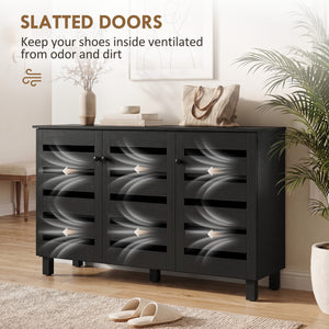 Shoe Cabinet with 3 Slatted Doors, 3-Tier Shelving Rack Cabinet with Adjustable Shelves for 15 Pairs of Shoes, Black