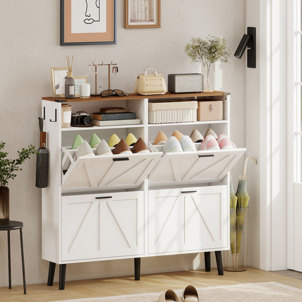 Shoe cabinet with 4 flip-down drawers, country style, narrow, holds up to 24 pairs, white