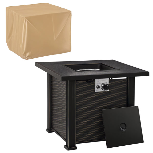 30 Inch Outdoor Gas Fire Pit Table, 50000 BTU Wicker Auto Ignition Propane Fire Table with Lid, Lava Rocks and Cover, CSA Certification for Patio