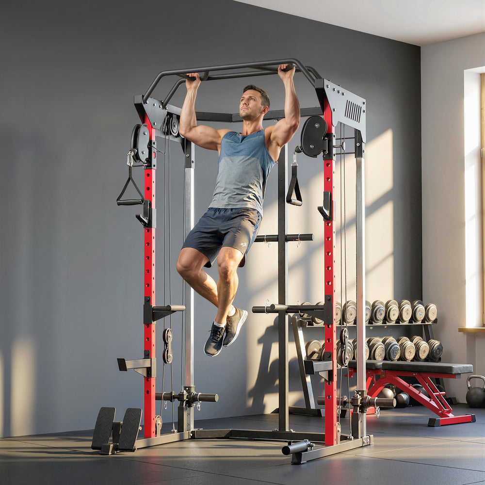 Cage de musculation avec système de poulies réglables, barre de traction, station de dips, barre de traction Landmine