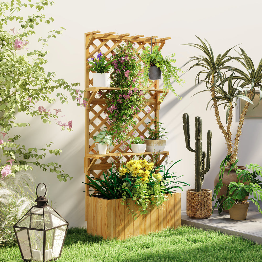 Raised planter with trellis, natural wood