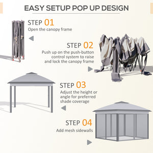Gazebo pliant 11' x 11', tente pliable à double toit avec parois latérales en maille zippée, hauteur réglable et sac de transport, gris
