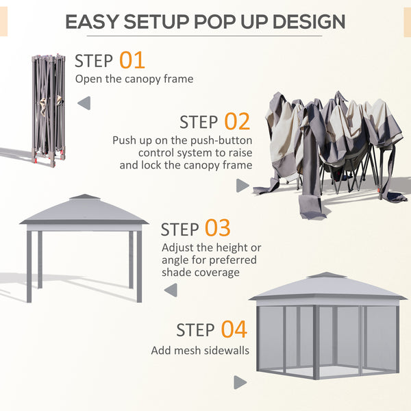 Gazebo pliant 11' x 11', tente pliable à double toit avec parois latérales en maille zippée, hauteur réglable et sac de transport, gris