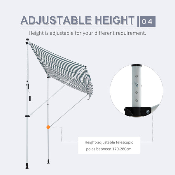 10x5ft Manual Retractable Awning, Patio Sun Shade Canopy Shelter with 5.6-9.2ft Support Pole, Water Resistant UV Protector, for Window, Door, Porch, Deck, Green
