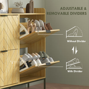 Meuble à chaussures moderne et fin avec 4 tiroirs rabattables, 16 paires de chaussures, chêne