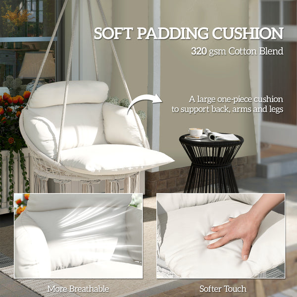 Boho Hammock Chair Swing Hanging Chair with Cushion, Chain, Steel Frame for Indoor Outdoor Bedroom Patio Balcony, Cream