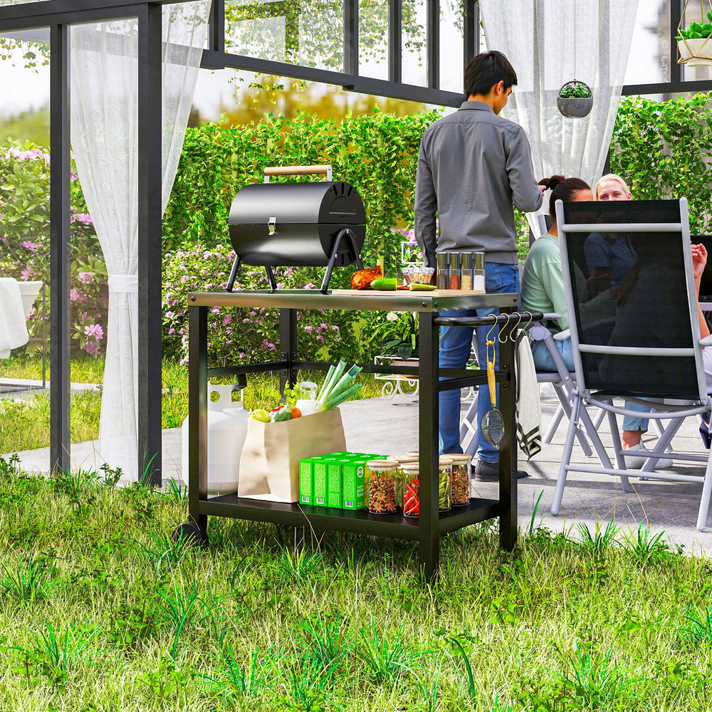Outdoor Grill Dining Cart with Stainless Steel Tabletop, 2-Shelf BBQ Movable Pizza Oven Stand with Wheels, Charcoal Grey