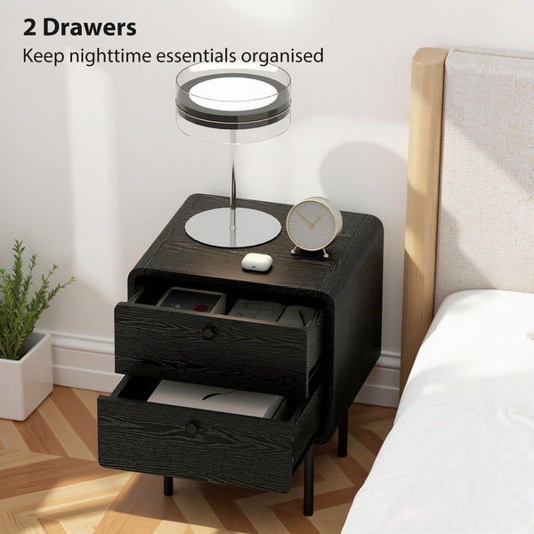 Set of 2 bedside tables with 2 storage drawers and steel legs, black wood finish.