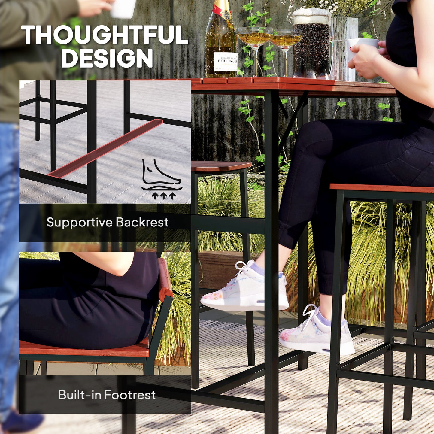 Ensemble de bar Outsunny 5 pièces avec table de 119 cm et 4 tabourets de bar, pour jardin, balcon, véranda, piscine, pelouse, marron