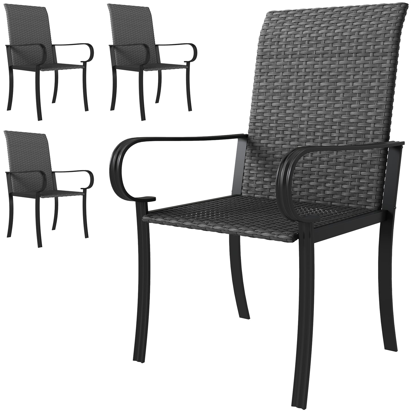 Chaises de salle à manger Outsunny en rotin synthétique, 4 pièces, avec cadre en acier, pour jardin, arrière-cour, bord de piscine, porche, noir