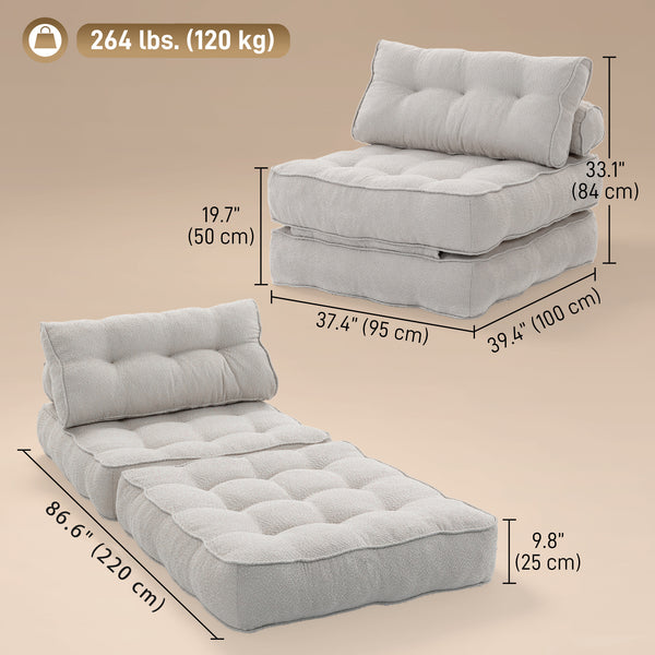 Fauteuil-lit pliable 3 en 1 beige-gris avec mousse haute densité et 2 coussins, gris