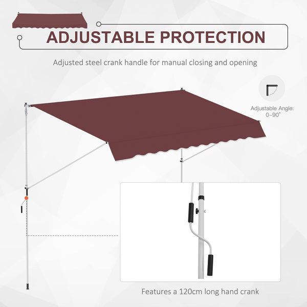 10x5ft Patio Sun Shade Canopy Manual Retractable Awning with 5.6-9.2ft Support Pole for Window, Door, Porch, Wine Red